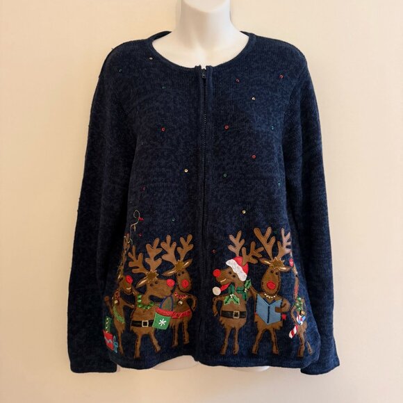 VINTAGE  Blue Christmas Sweater | Singing Reindeer & Festive Lights | Tiara - Picture 5 of 10